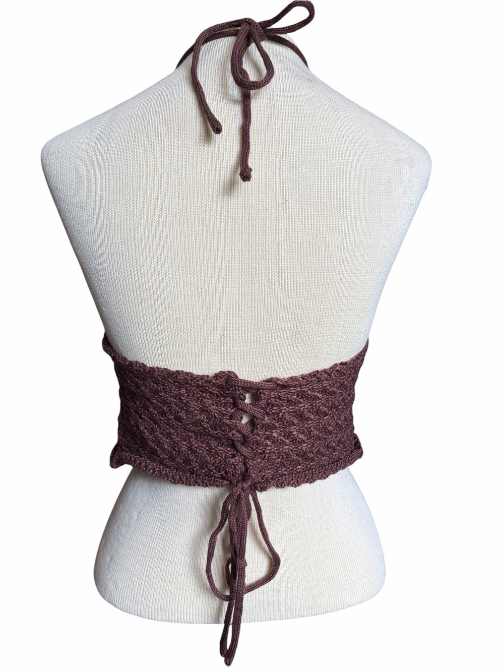 Y2K Crochet Brown Floral Babydoll Halter Festival Top - Picture 3 of 5